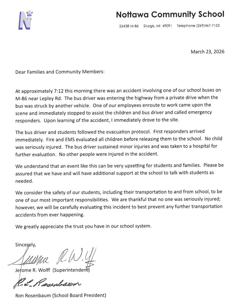 Nottawa Schools Shares Information On Bus Accident